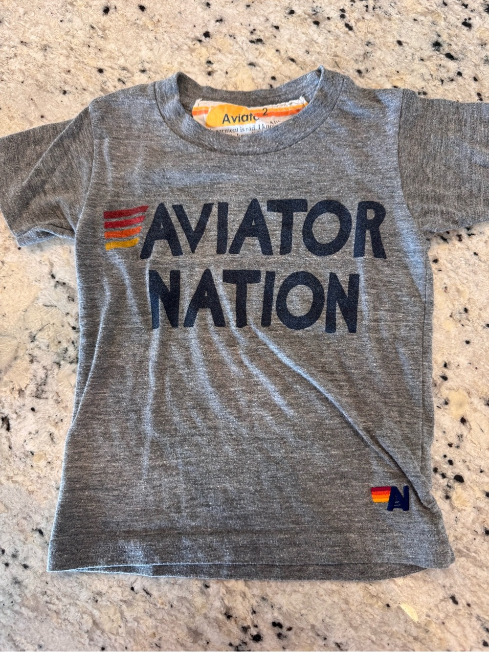 Aviator Nation Kids Grey Tee with Navy Logo and Rainbow Accent
